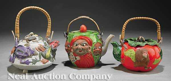 Appraisal: A Group of Three Japanese Banko Pottery Figural Teapots early