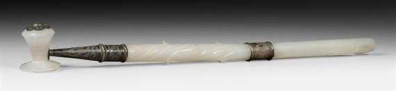 Appraisal: A WHITE JADE OPIUM PIPE WITH SILVER ORNAMENTS Russia th