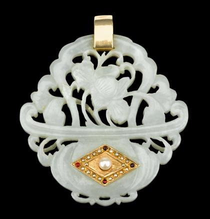 Appraisal: Chinese carved white jade k yellow gold and seed pearl