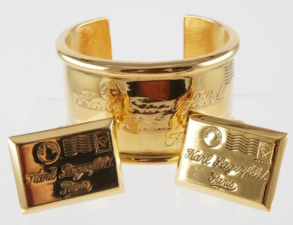 Appraisal: Highly desirable vintage signed Karl Lagerfeld goldtone cuff bracelet and