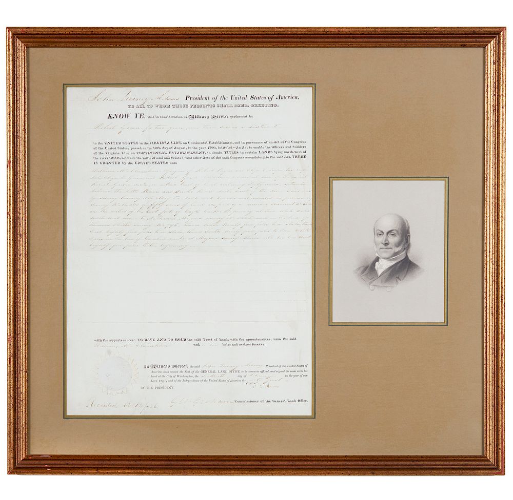 Appraisal: John Quincy Adams Land Grant Framed U S land grant