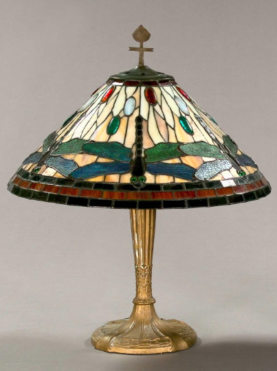 Appraisal: American Gilded Metal and Leaded Glass Dragonfly Table Lamp in