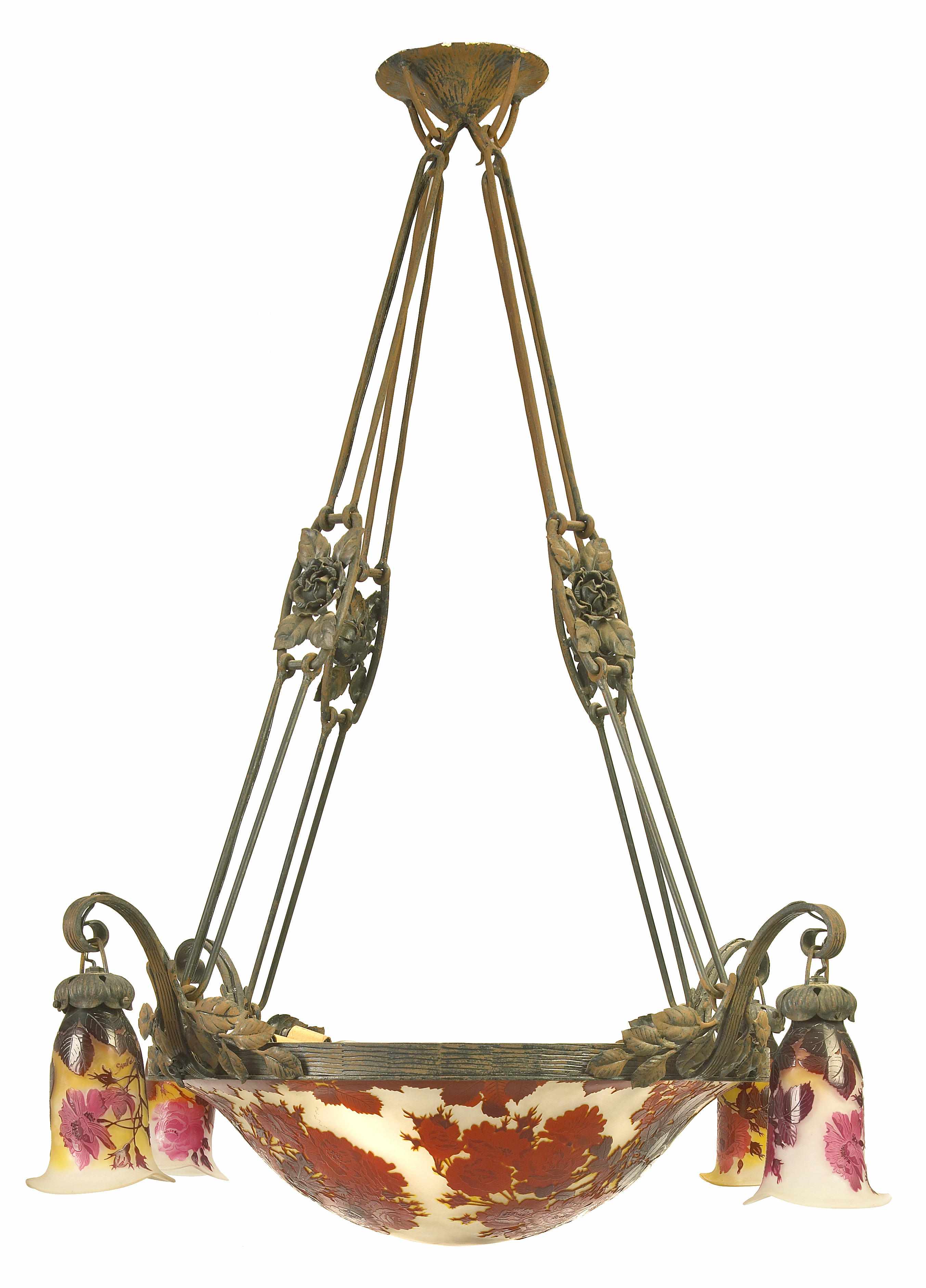 Appraisal: A Gall cameo glass and wrought iron chandelier early th