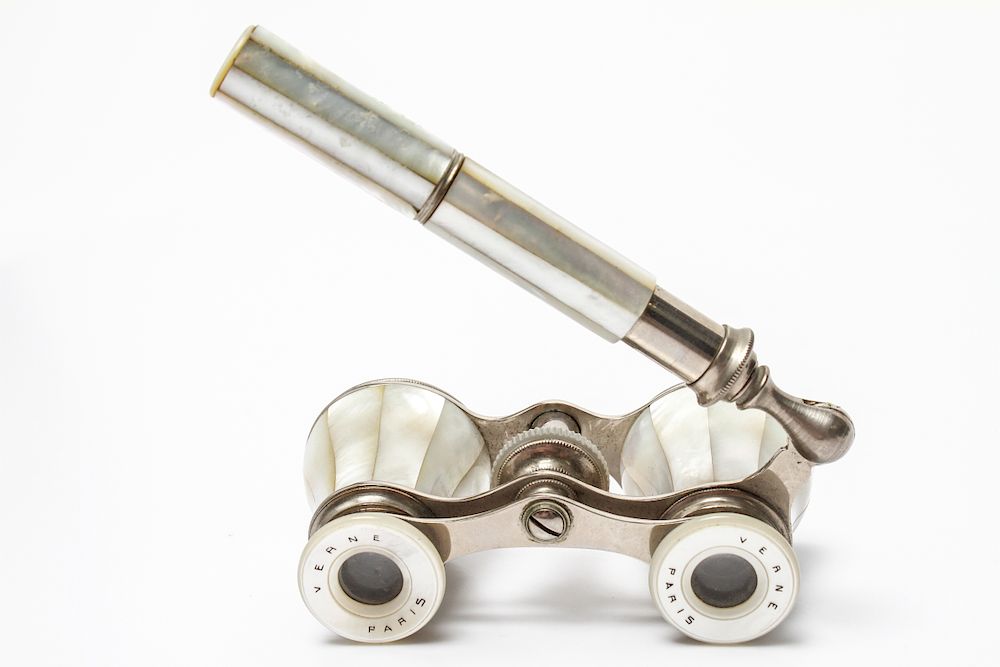 Appraisal: French Verne Silver-Tone MOP Opera Glasses French Verne silver-tone and