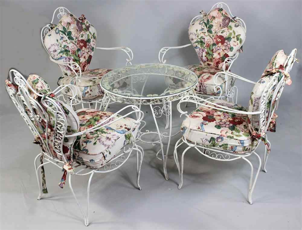 Appraisal: SET OF FOUR WHITE PAINTED WROUGHT IRON ARMCHAIRS WITH MATCHING