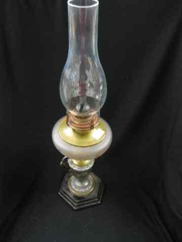 Appraisal: Victorian Oil Lamp fancy metal base frosted font with chimney