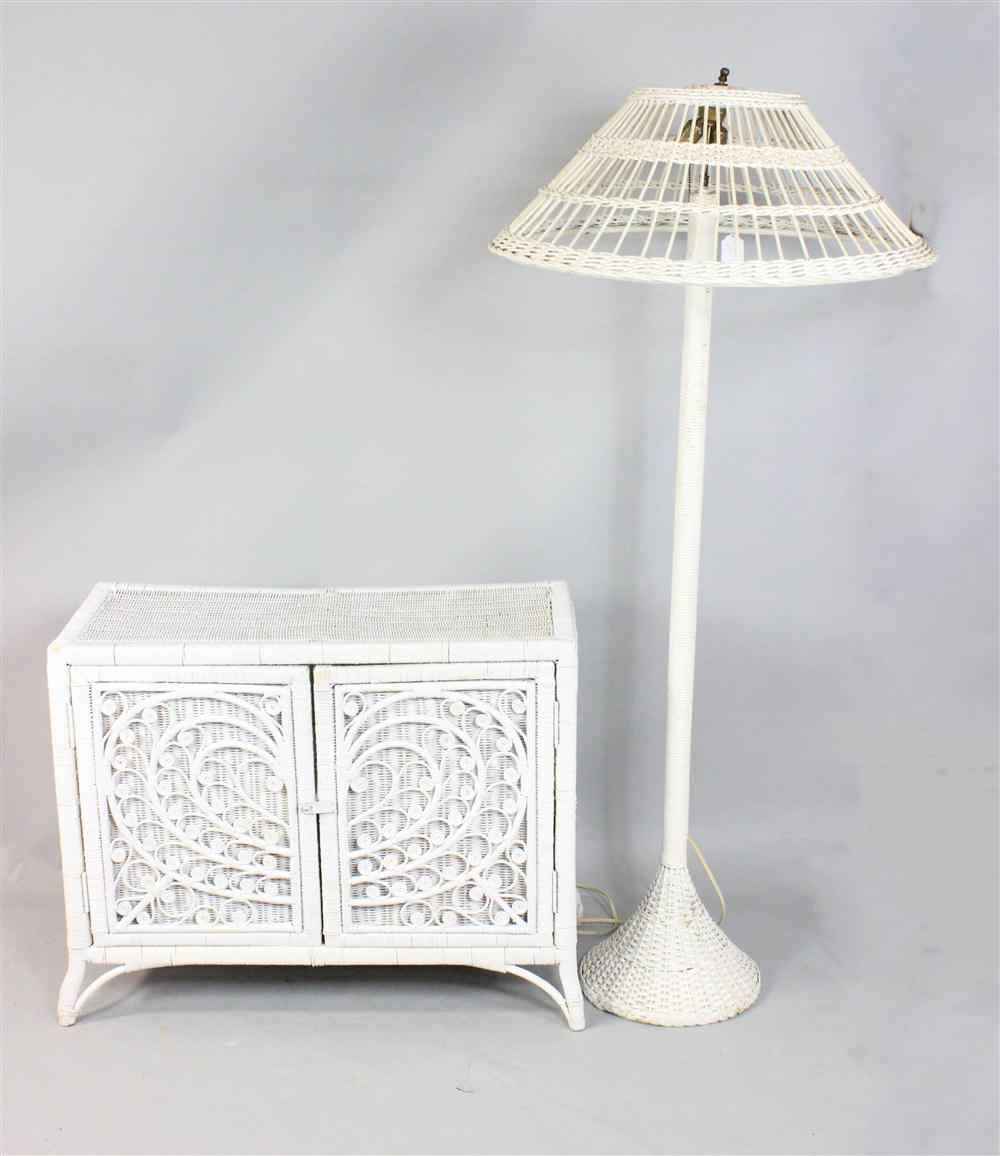 Appraisal: WHITE WICKER GROUP INCLUDING A FLOOR LAMP CABINET LONG PLANT