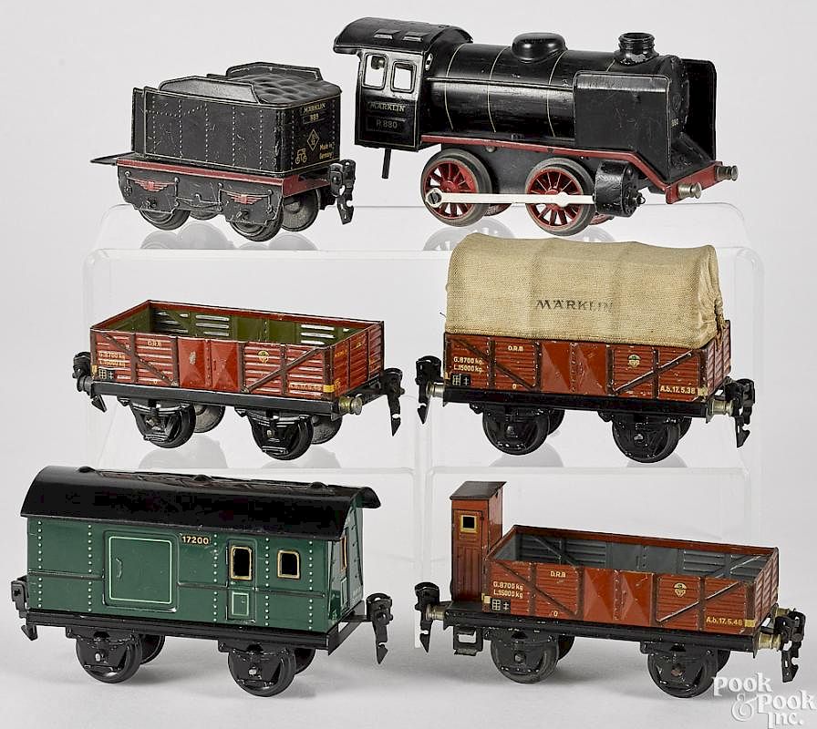 Appraisal: Marklin six-piece painted tin clockwork train set Marklin six-piece painted