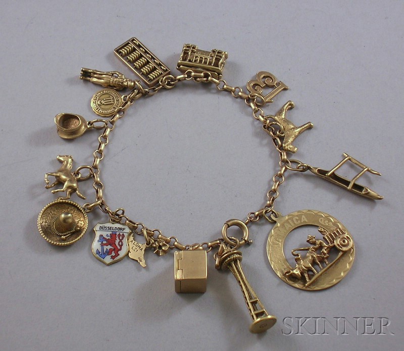 Appraisal: kt Gold Travel-themed Charm Bracelet with fifteen kt gold charms