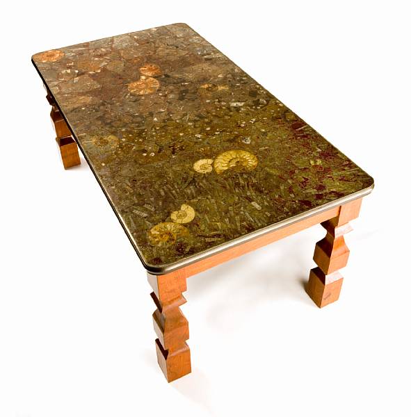 Appraisal: Fossil Mosaic Table on Wooden Base Designed by Zee Haag