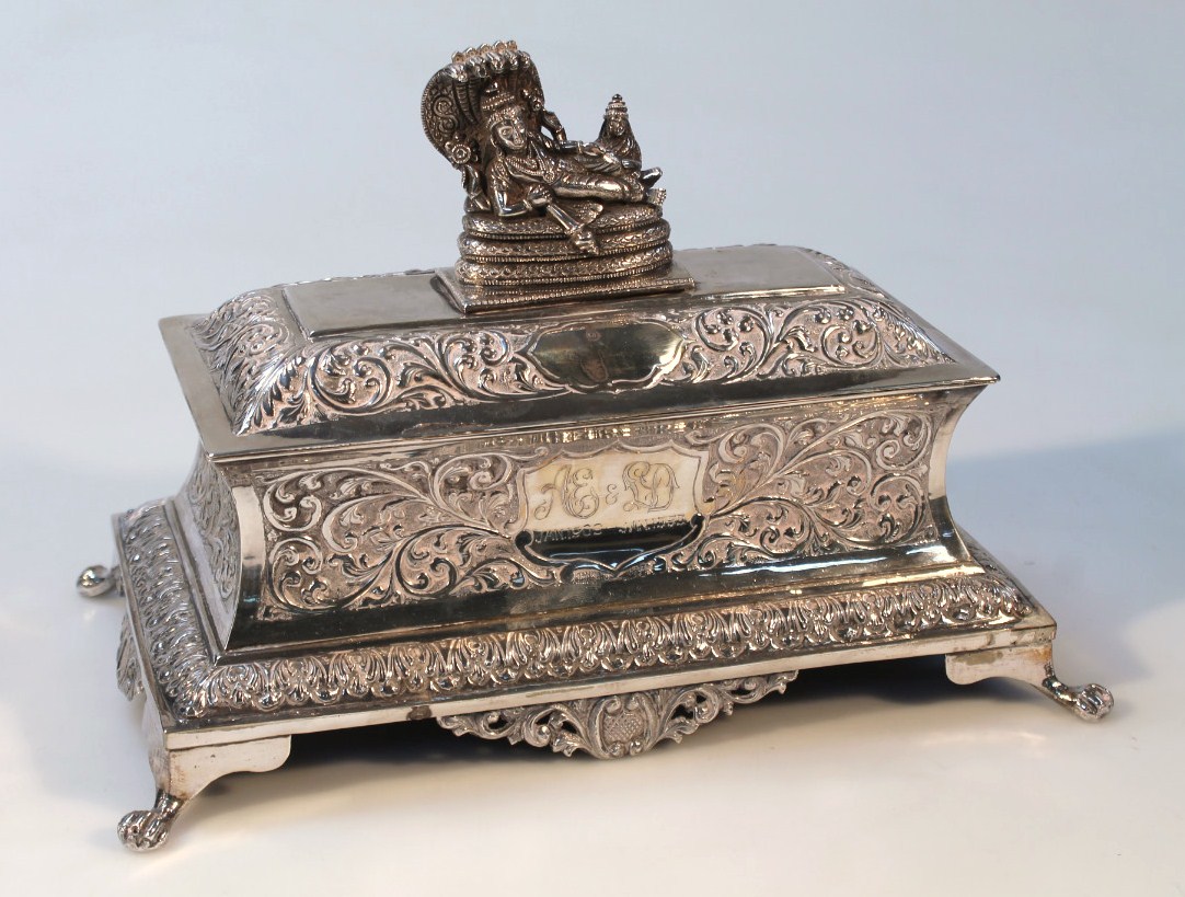 Appraisal: An early thC Indian white metal jewel casket of sarcophagus