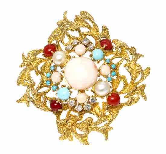 Appraisal: A Karat Yellow Gold Coral Turquoise Cultured Pearl and Diamond