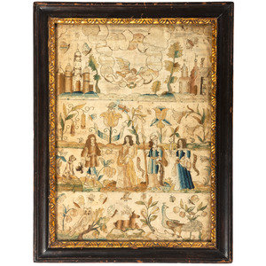 Appraisal: An English Silkwork Embroidered Figural Scene Late th th Century