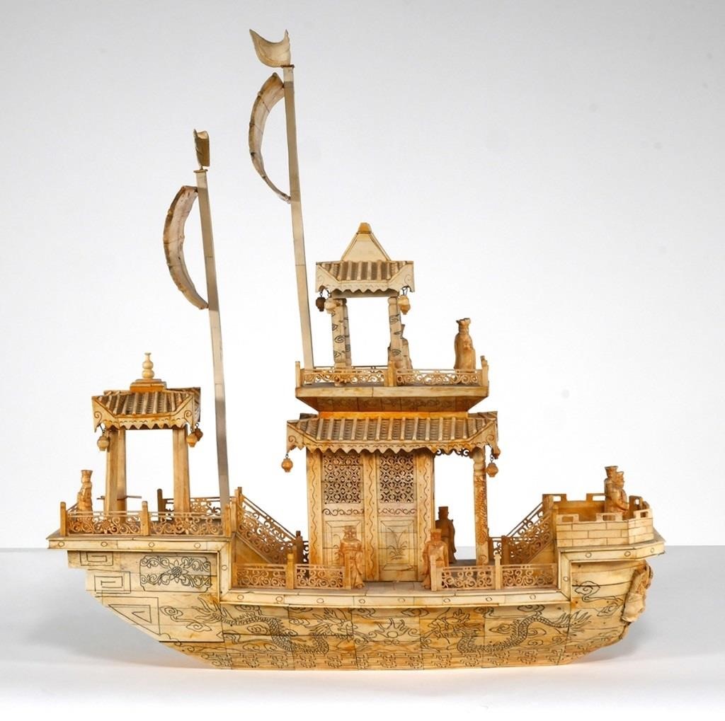 Appraisal: CHINESE BONE CARVED JUNK MODELChinese Junk features a full sail