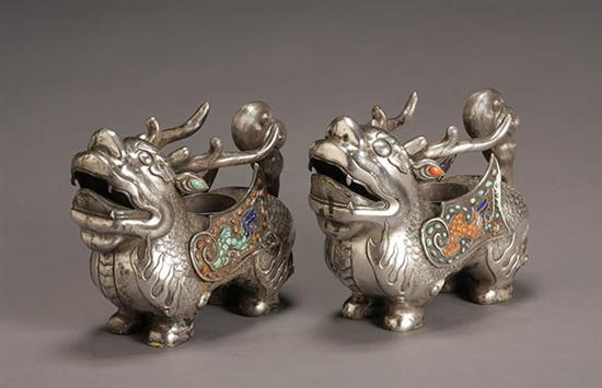 Appraisal: Pair of Mongolian Jeweled and Tested Silver Deer-Form Censers th