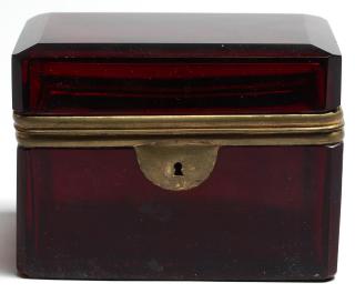 Appraisal: Brass Red Bohemian Glass Box Of rectangular form having faceted