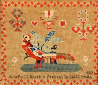 Appraisal: Blount County Wool Bird Sampler Tennessee pictorial needlework sampler by