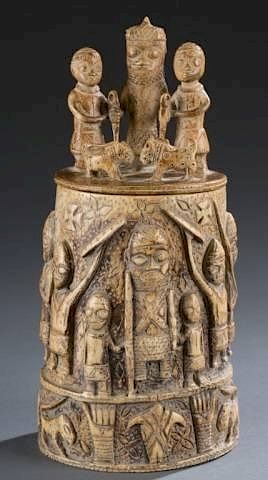 Appraisal: African carved ivory box with male figures An African carved