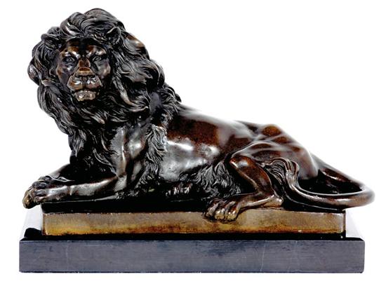 Appraisal: French school th century RECUMBENT LION bronze with dark brown