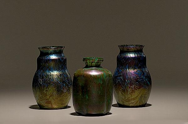 Appraisal: LOETZ ATTRIBUTION CARRAGEENAN VASES Continental ca Three iridescent art glass