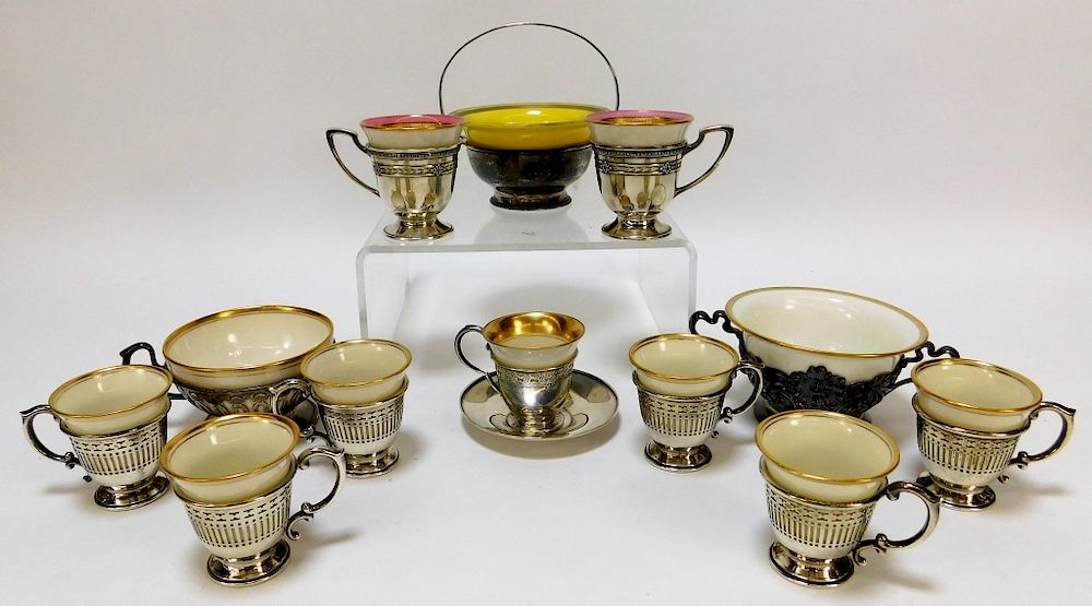 Appraisal: PC American Belleek Silverplate Teacup Group United States th Century