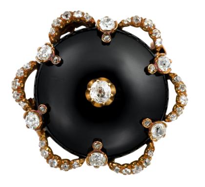 Appraisal: Low karat rose gold onyx and diamond brooch th century