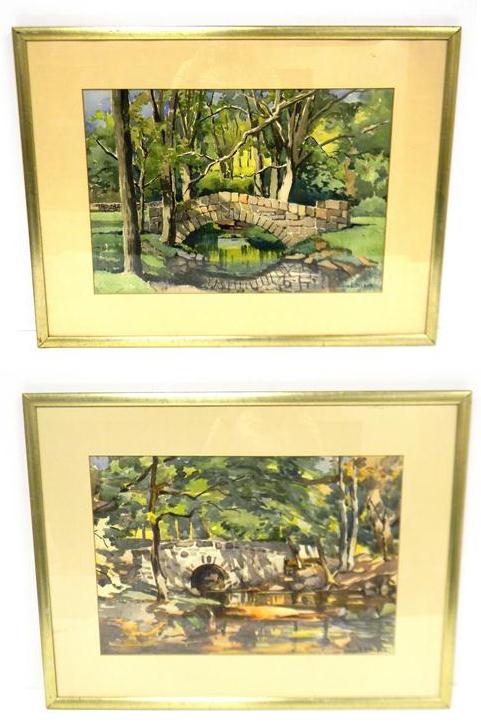 Appraisal: Two c watercolor landscapes of stone bridges by Julius Del