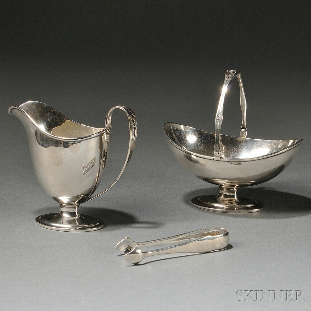 Appraisal: Arthur Stone Sterling Creamer Sugar Basket and Tongs Sterling silver