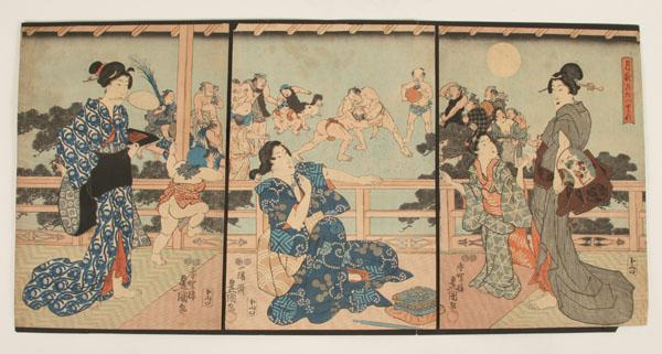 Appraisal: Japanese triptych depicting geishas overlooking a balcony with various scenes