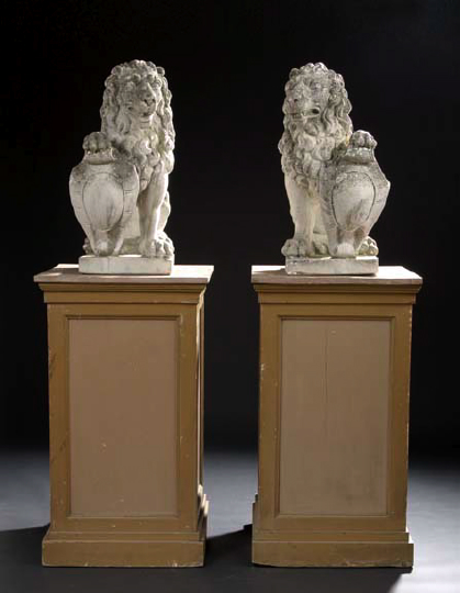 Appraisal: Large Pair of Italian Cast-Stone Heraldic Lions their forepaws resting