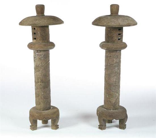 Appraisal: A PAIR OF STONE GARDEN LANTERNS Asian th century Six-piece