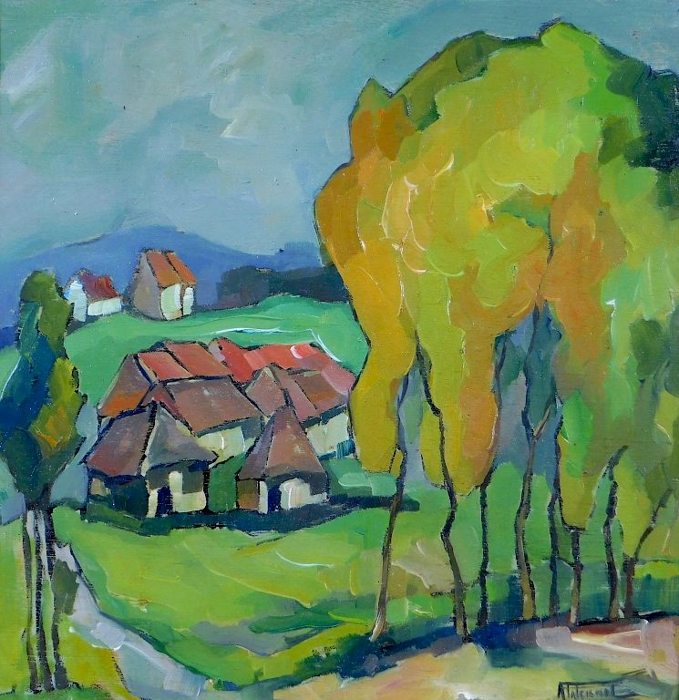 Appraisal: European Norwegian Modernist Village O B Painting Neatherlands Norway th