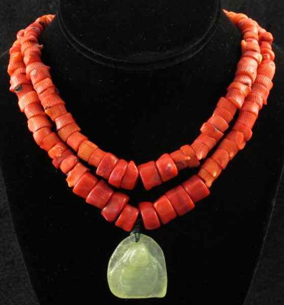 Appraisal: Contemporary Coral and Jade Necklacecomprised of a double strand of