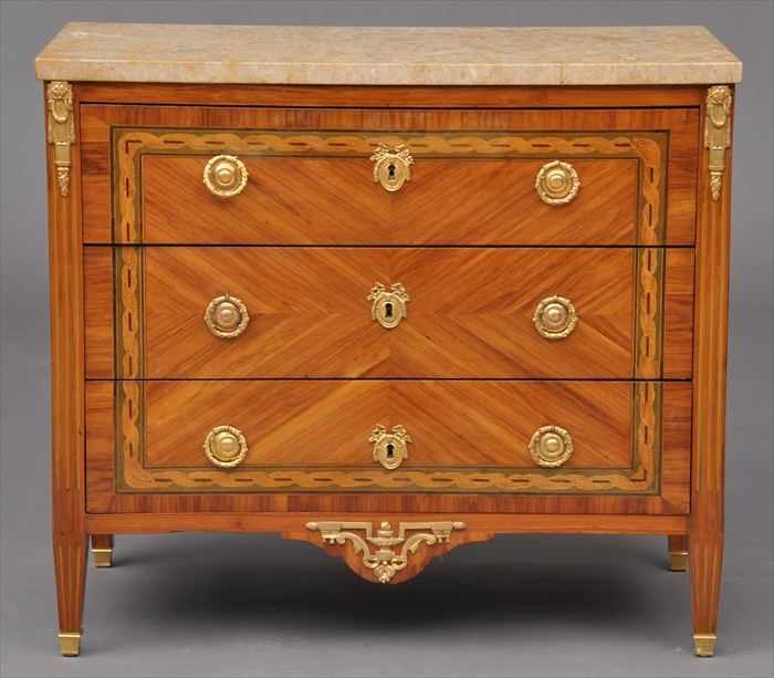 Appraisal: LOUIS XVI GILT-BRONZE MOUNTED TULIPWOOD AND FRUITWOOD MARQUETRY MARBLE-TOP COMMODE