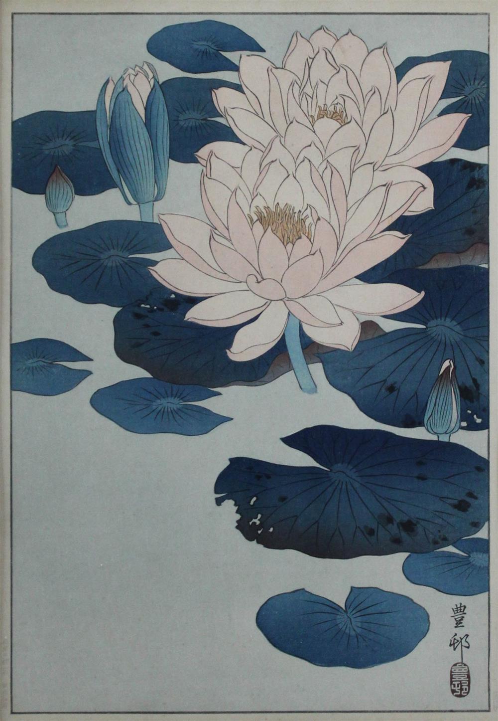 Appraisal: MODERN JAPANESE WOODBLOCK PRINT LOTUS CIRCA oban tate-e lotus in