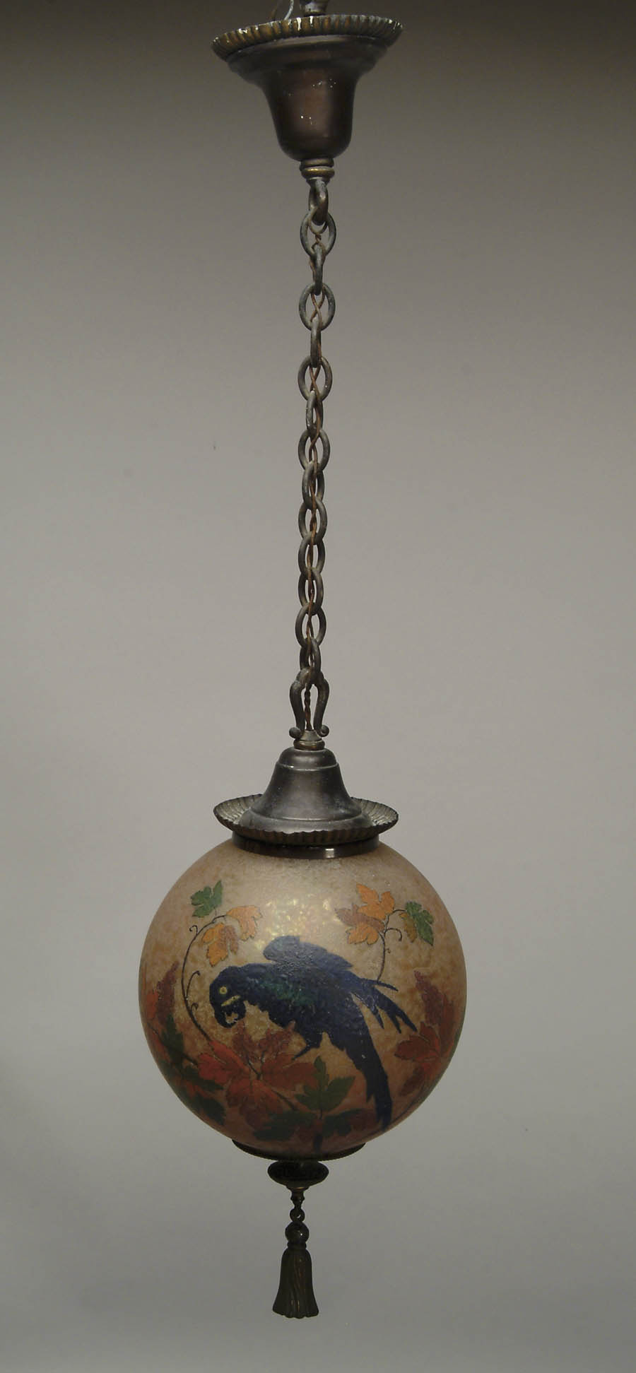 Appraisal: HANDEL PARROT GLOBE CHANDELIER Pretty example with indigo and green