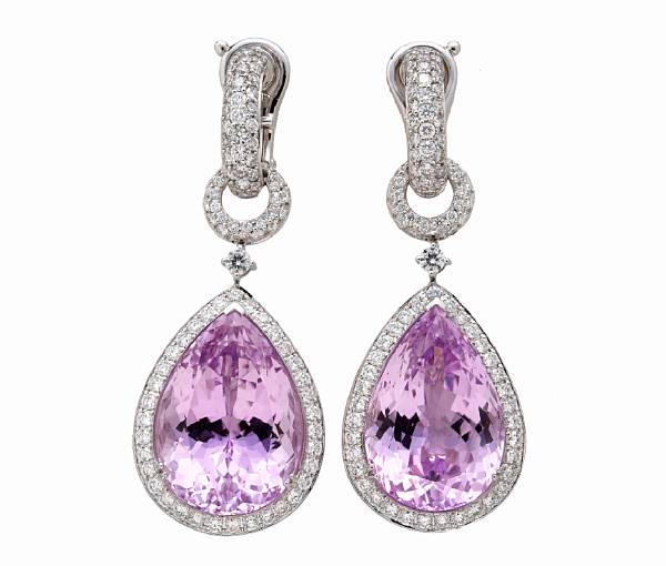 Appraisal: A pair of kunzite and diamond earrings drops are removable