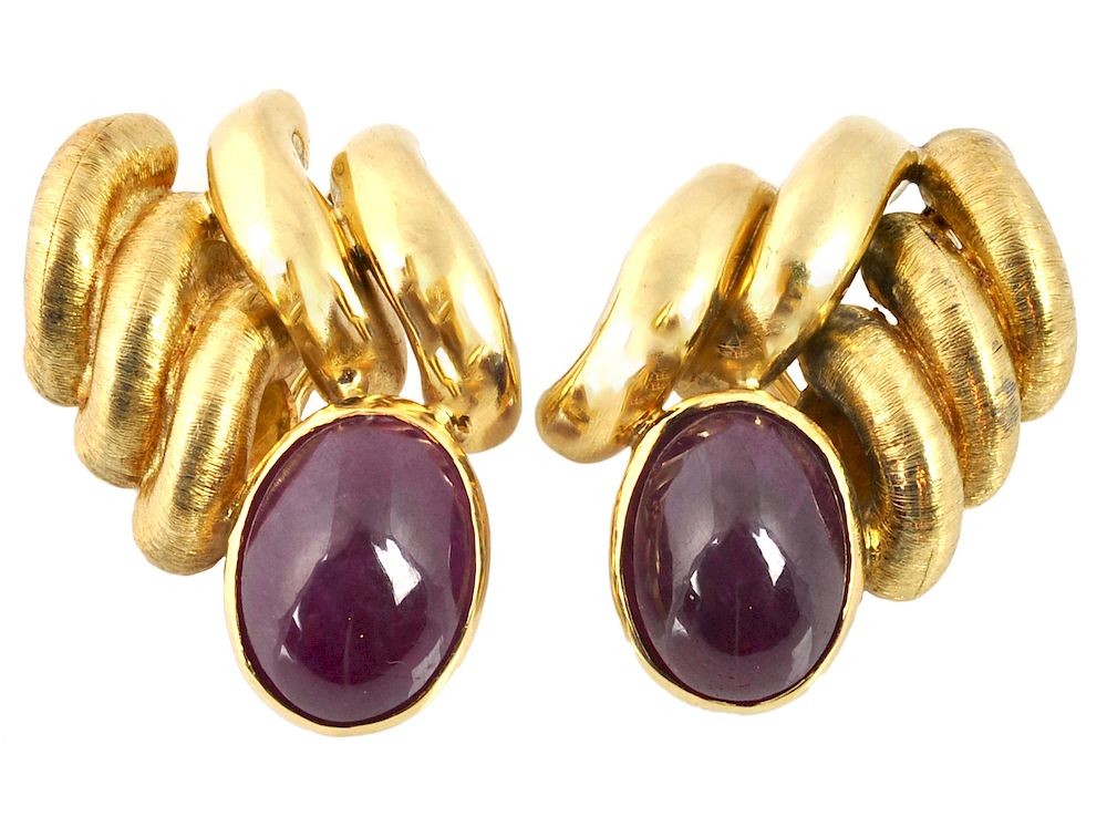 Appraisal: Kt Gold Cabochon Ruby Clip Earrings San Marco design kt