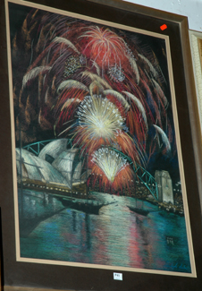 Appraisal: LARGE FRAMED PASTEL OF FIREWORKS OVER SYDNEY HARBOUR