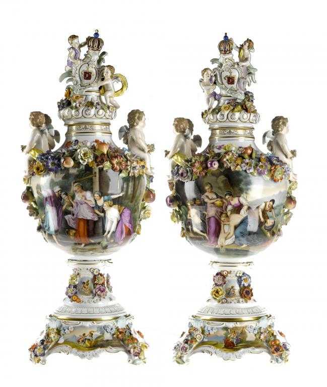 Appraisal: A PAIR OF POTSCHAPPEL VASES COVERS AND STANDS the handles