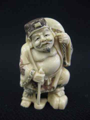 Appraisal: Carved Ivory Netsuke of The god of Harvest wearing a