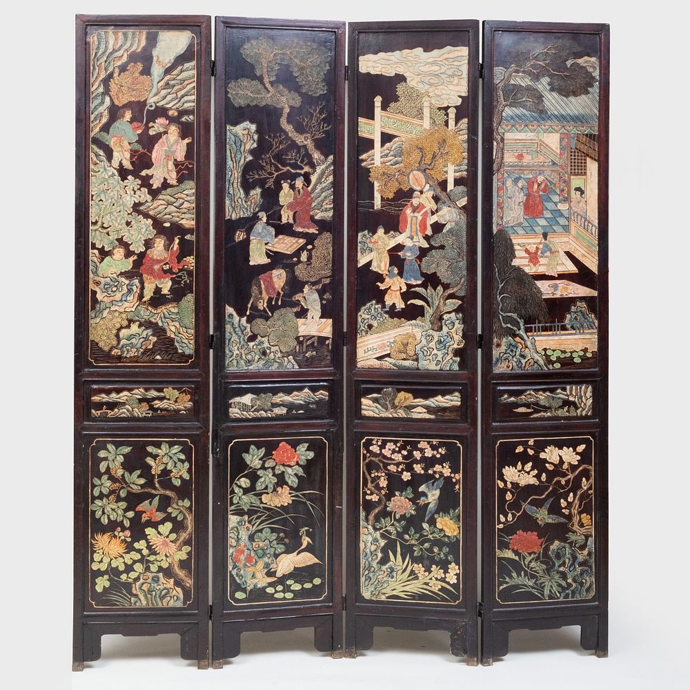 Appraisal: Chinese Coromandel Lacquer and Applied Mother-of-Pearl Four-Panel Screen Coromandel lacquer