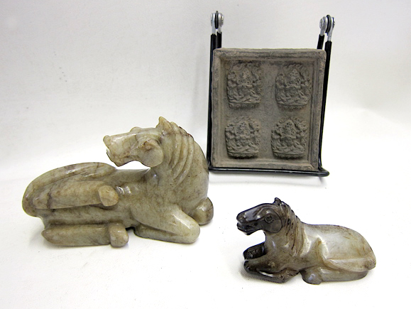 Appraisal: TWO STONE CARVED CHINESE HORSES WITH EARTHENWARE TILE Dimensions Horses