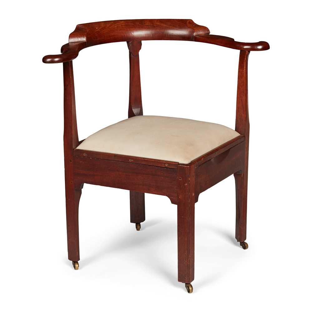 Appraisal: GEORGE III MAHOGANY CORNER CHAIR TH CENTURY the curved back