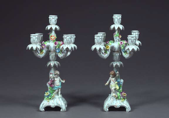 Appraisal: Pair of Potschappel Porcelain Five-Light Figural Candelabra in the Dresden