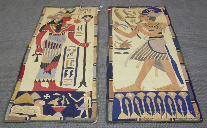 Appraisal: Pair of Egyptian Revival Applique Cotton Wall Hangings x and