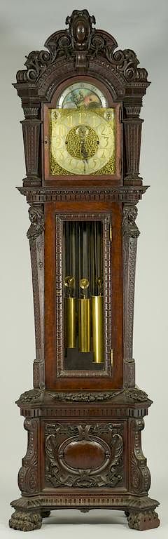 Appraisal: Tiffany Tall Case Clock w Carved Oak Case Tiffany Co