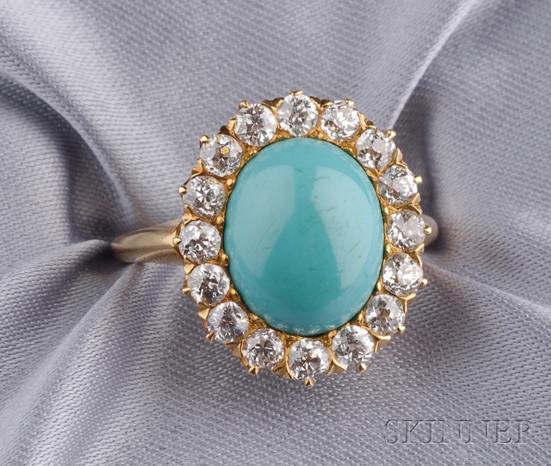 Appraisal: Antique kt Gold Turquoise and Diamond Ring prong-set with a