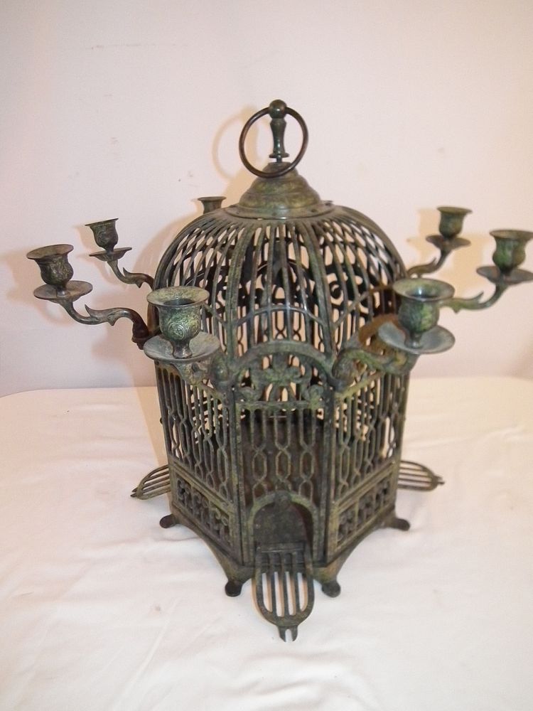 Appraisal: BRONZE BIRD CAGE Heavy vintage verdigris bronze bird cage with