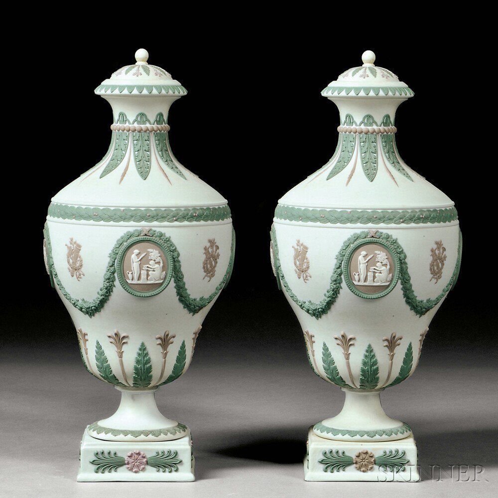 Appraisal: Pair of Wedgwood Three-color Jasper Vases and Covers England c